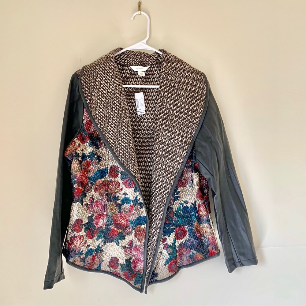 Mixed Media Floral/ Leather Fly-Open Jacket